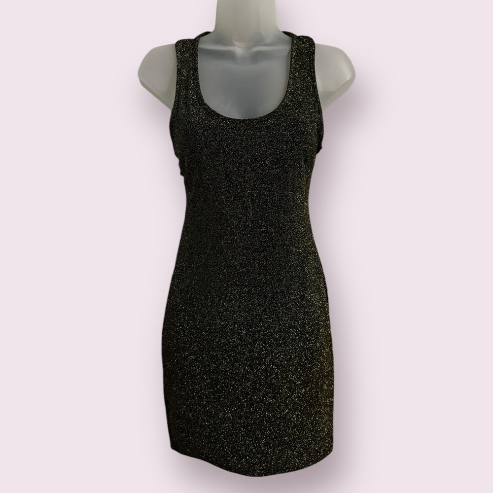 See You Monday Metallic Mini Dress Black Green Sleeveless Fitted M